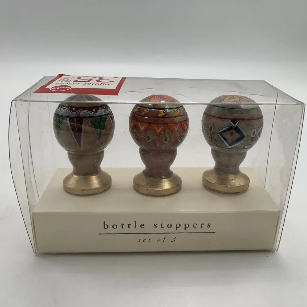 Pier 1 Stone Bottle Stoppers Hand Painted Ethnic Floral Set of 3